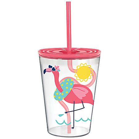 Amscan Tumblers With Silly Straws, 18 Oz, Flamingo, Set Of 3 Tumblers