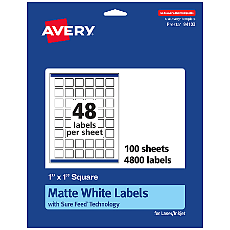 Avery® Permanent Labels With Sure Feed®, 94103-WMP100, Square, 1" x 1", White, Pack Of 4,800