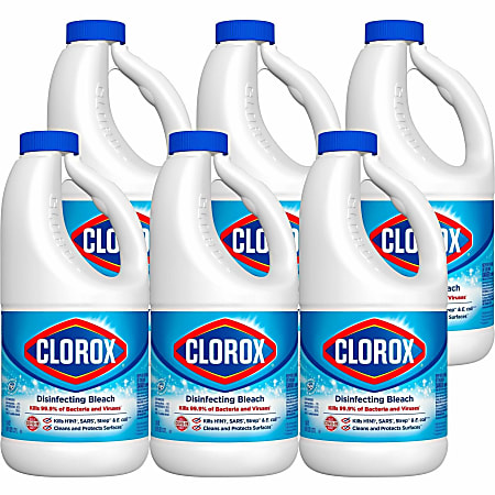 Clorox Disinfecting Bleach - Concentrate Liquid - 43 fl oz (1.3 quart) - Regular Scent - 6 / Carton - White