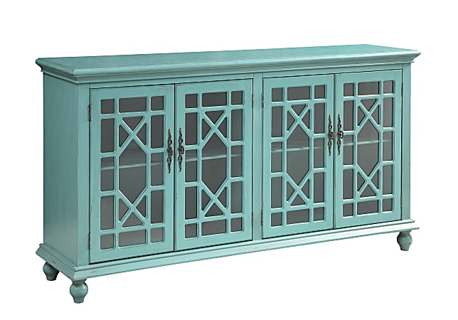 Coast to Coast Christensen Wood Credenza Storage Cabinet With 4 Glass Paneled Doors And Chippendale Fretwork, 39"H x 72"W x 18"D, Bayberry Blue Rub-Through
