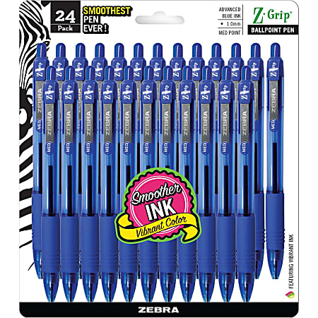 Zebra® Pen Z-Grip® Retractable Ballpoint Pens, Pack Of 24, Medium Point, 1.0 mm, Blue Barrel, Blue Ink