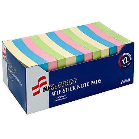 SKILCRAFT Self-Stick 30% Recycled Notes, 1200 Total Notes, Pack Of 12 Pads, 2" x 3", Multicolor, 100 Notes Per Pad, (AbilityOne 7530-01-398-2660)