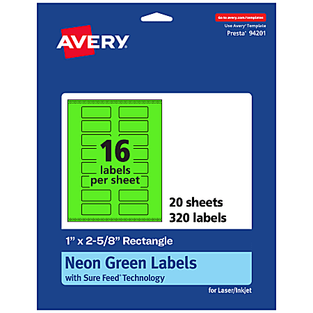 Avery® Print-To-The-Edge Labels With Sure Feed® Technology And Easy Peel®, 94201-NGP20, Rectangle, 1" x 2-5/8", Matte Neon Green, Pack of 320