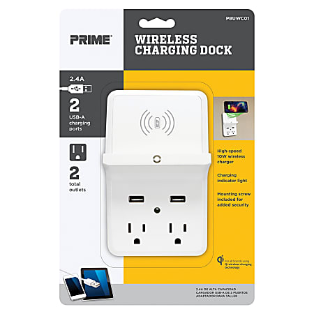 Prime Wireless Charging Dock Wall Tap With 2 Outlets And Dual USB Charger, White, PBUWC01