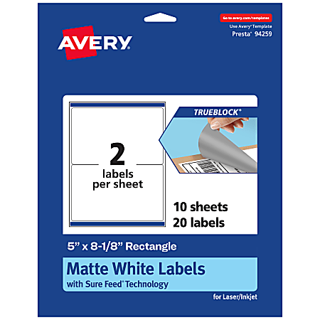 Avery® TrueBlock® Labels With Sure Feed®, 94259-TWMP10, Rectangle, 5" x 8-1/8", Matte White, Pack Of 20