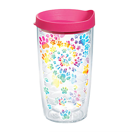 Tervis Project Paws Tumbler With Lid, Tie Dye Paw Heart, 16 Oz, Clear/Fuchsia
