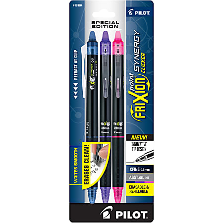 Pilot® FriXion® Synergy Clicker Erasable Retractable Gel Pens, Pack of 3, Extra Fine Point, 0.5mm, Black Barrel, Assorted Inks