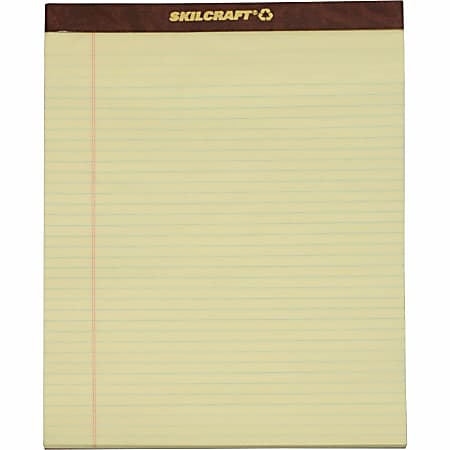 SKILCRAFT® 30% Recycled Perforated Writing Pads, 8 1/2" x 11", Yellow, Legal Ruled, Pack Of 12 (AbilityOne 7530-01-356-6727)