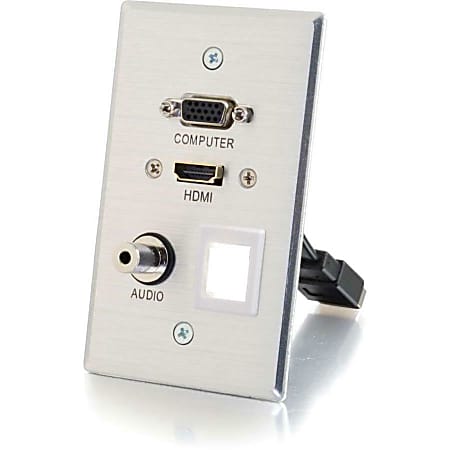 C2G HDMI, VGA, 3.5mm Audio Pass Through Single Gang Wall Plate with One Keystone - Aluminum - Mini-phone/VGA for Audio/Video Device, Notebook, Monitor - 3 ft - 1 x HD-15 Male VGA, 1 x Mini-phone Male Stereo Audio - 1 x HD-15 Male VGA, 1 x Mini-phone Male