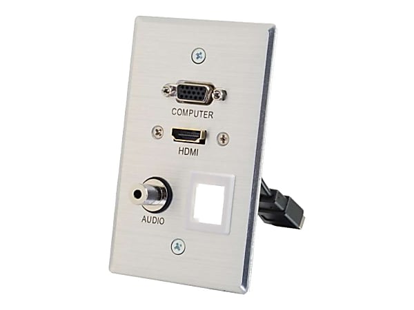 C2G HDMI, VGA, 3.5mm Audio Pass Through Single Gang Wall Plate with One Keystone - Aluminum - Mini-phone/VGA for Audio/Video Device, Notebook, Monitor - 3 ft - 1 x HD-15 Male VGA, 1 x Mini-phone Male Stereo Audio - 1 x HD-15 Male VGA, 1 x Mini-phone Male