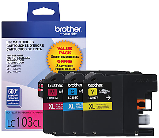 Brother® LC103 Cyan, Magenta, Yellow Ink Cartridges, Pack Of 3, LC1033PKS