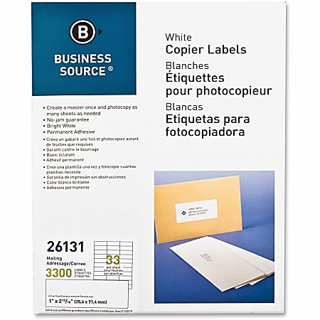 Business Source Bright White Copier Labels - 1" Width x 2 3/4" Length - Rectangle - White - 33 / Sheet - 3300 / Pack - Lignin-free, Jam-free