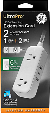 GE 81597 2-Outlet Extension Cord With USB Charging, 6' Cord, White/Gray