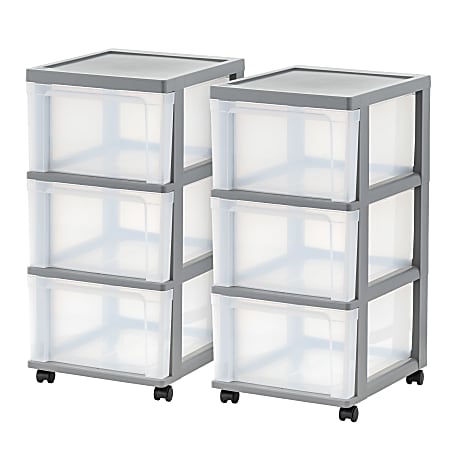 IRIS 3-Drawer Narrow Plastic Storage Drawer Carts, Gray, Total Qty 2
