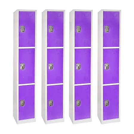Alpine Large 3-Tier Steel Lockers, 72”H x 12”W x 12”D, Purple, Pack Of 4 Lockers