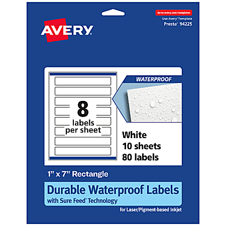Avery® Waterproof Permanent Labels With Sure Feed®, 94225-WMF10, Rectangle, 1" x 7", White, Pack Of 80