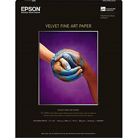 Epson 17" x 22" Velvet Fine Art Paper For Inkjet Printers, 25 Sheets
