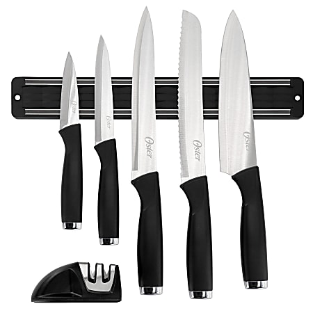 Oster Bridgewall 7-Piece Magnetic Wall Mounted Stainless Steel Cutlery Set With Knife Sharpener, Black