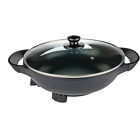 Brentwood 3 Inch Non Stick Flat Bottom Electric Wok Skillet with Vented  Glass Lid Black 13 Width x 17.50 Length 450 F 232.2 C 1400 W - Office Depot