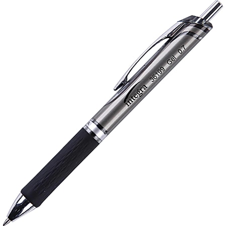 Integra Retractable Gel Ink Pens, Medium Point, 0.7 mm, Silver Barrel, Black Ink, Pack Of 12 Pens