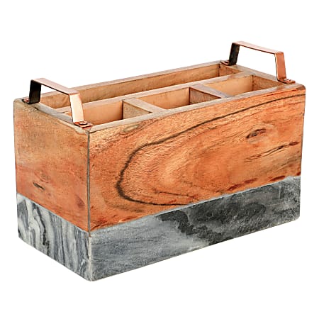 Laurie Gates California Designs Marble And Acacia Wood Cutlery Holder, 5-1/8” x 10-1/8” x 7”, Gray