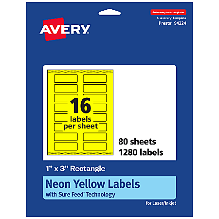 Avery® Print-To-The-Edge Labels With Sure Feed® Technology And Easy Peel®, 94224-NYP80, Rectangle, 1" x 3", Matte Neon Yellow, Pack of 1280