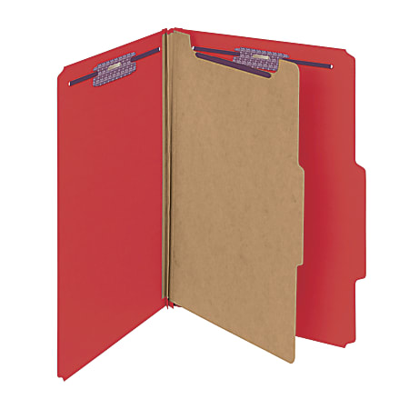 Smead® Pressboard Classification Folder With SafeSHIELD Fastener, 1 Divider, Legal Size, 50% Recycled, Bright Red