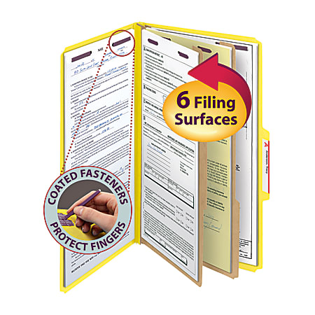 Smead® Pressboard Classification Folder With SafeSHIELD Fastener, 2 Dividers, Legal Size, 50% Recycled, Yellow