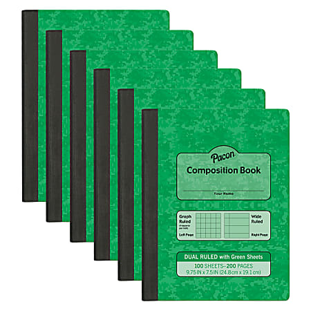 Pacon Dual Ruled Composition Books, 1/4&rdquo; Grid And 3/8&rdquo; (Wide) 9-3/4" x 7-1/2", Green, 100 Sheets, Pack Of 6 Books