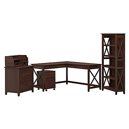 Bush Furniture Key West 60"W L-Shaped Desk With File Cabinets, Bookcase And Desktop Organizers, Bing Cherry, Standard Delivery