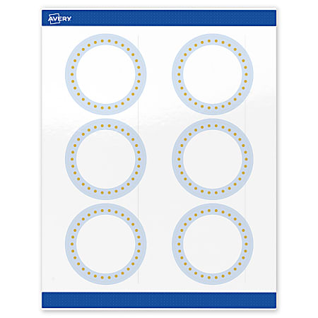 Avery® Print-To-The-Edge Labels With Sure Feed® Technology, S00-DMD-PRWGP10, Round, 3", Glossy White, Preprinted Blue Border with Gold Dots Design, Pack Of 60
