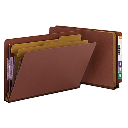 Smead® Full End-Tab Classification Folder With SafeSHIELD Fastener, 2 Dividers, 6 Partitions, Straight Cut, Legal Size, Red/Brown