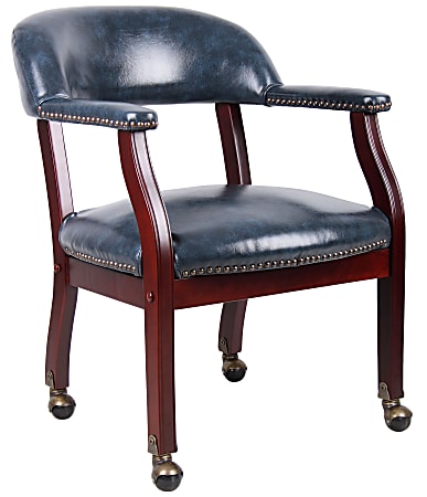 Boss Captain's Guest Arm Chair, With Casters, Blue/Mahogany