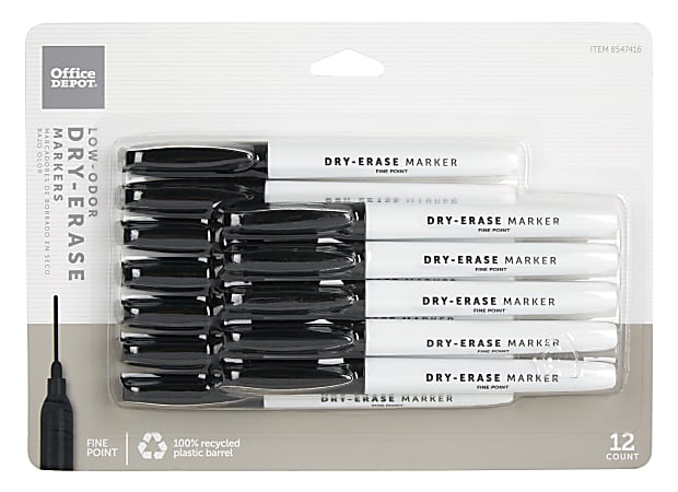 Office Depot® Brand Low-Odor Pen-Style Dry-Erase Markers, Fine Point, 100% Recycled Plastic Barrel, Black Ink, Pack Of 12