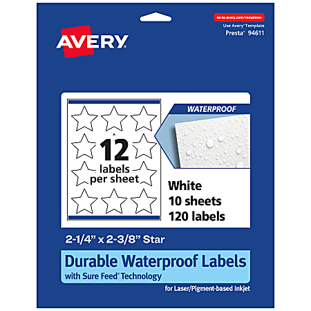 Avery® Waterproof Permanent Labels With Sure Feed®, 94611-WMF10, Star, 2-1/4" x 2-3/8", White, Pack Of 120