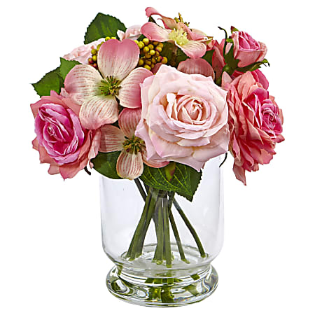 Nearly Natural Rose And Berry 10”H Plastic Floral Arrangement With Vase, 10”H x 9”W x 9”D, Pink