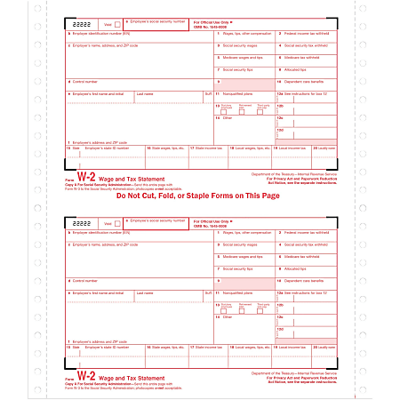 TOPS Carbonless Standard W-2 Tax Forms, 5 1/2" x 8 1/2", 4-Part, White, Pack Of 24