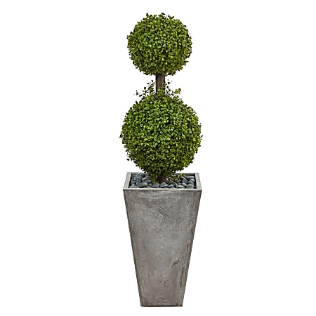 Nearly Natural Boxwood Double Ball Topiary 4’H Artificial Tree With Planter, 48”H x 13”W x 13”D, Green/Gray