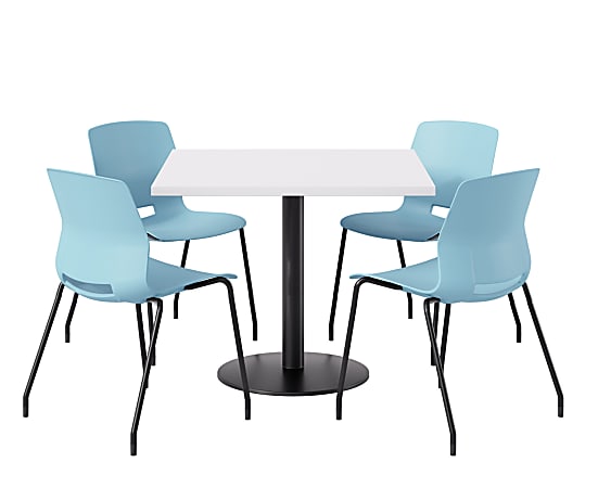 KFI Studios Proof Cafe Pedestal Table With Imme Chairs, Square, 29”H x 36”W x 36”W, Designer White Top/Black Base/Sky Blue Chairs