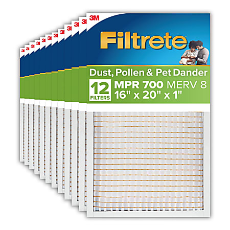 Filtrete™ 16 x 20 x 1 Air Filter, MPR 700, Merv 8, Dust, Pollen & Pet Dander, 3 Month Pleated 1 Inch Electrostatic Air Filter, 12 HVAC Filters