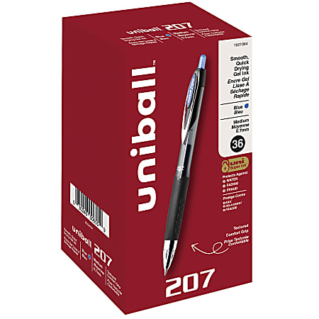 uni-ball® 207 Retractable Fraud Prevention Gel Pens, Medium Point, 0.7 mm, Black Barrel, Blue Ink, Pack Of 36