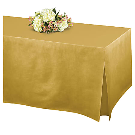 Amscan Flannel-Backed Vinyl Fitted Table Cover, 27"H x 31"W x 72"D, Gold