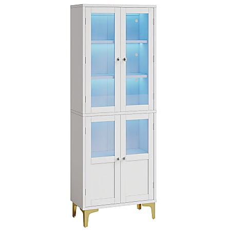 Bestier 65"H 5-Shelf LED Lit Glass Door Storage Cabinet, Adjustable Shelves Bookcase, Display Cabinet for Home Office, White