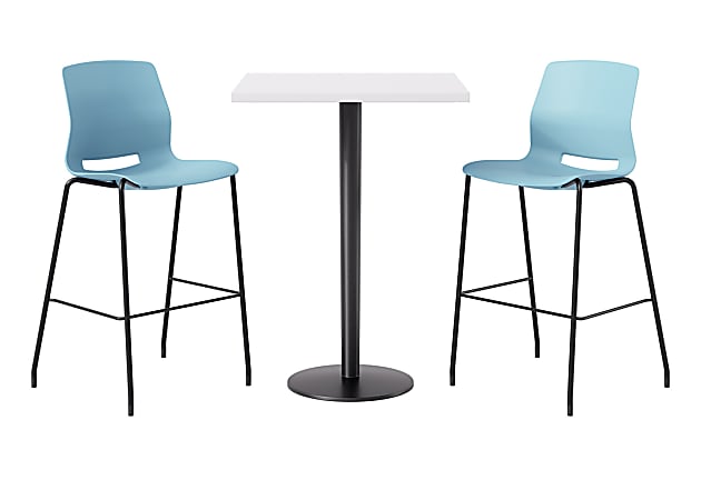 KFI Studios Proof Bistro Square Pedestal Table With Imme Bar Stools, Includes 2 Stools, 43-1/2”H x 30”W x 30”D, Designer White Top/Black Base/Sky Blue Chairs