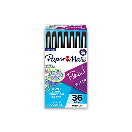 Paper Mate® Flair® Porous-Point Pens, Medium Point, 0.7 mm, Black Barrel, Black Ink, Pack Of 36 Pens