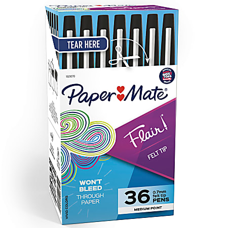 Paper Mate® Flair® Porous-Point Pens, Medium Point, 0.7 mm, Black Barrel, Black Ink, Pack Of 36 Pens