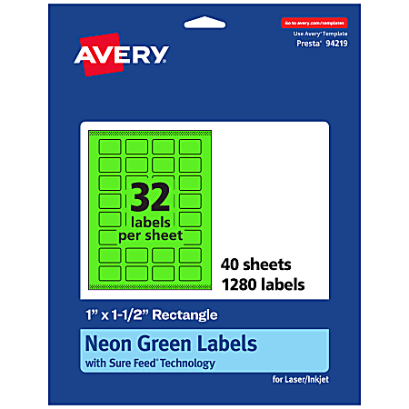 Avery® Print-To-The-Edge Labels With Sure Feed® Technology And Easy Peel®, 94219-NGP40, Rectangle, 1" x 1-1/2", Matte Neon Green, Pack of 1280
