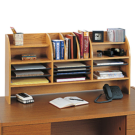 Safco® Radius Front Desktop Organizer With Clearance, 16 Compartments, 23 3/4"H x 47 1/2"W x 9 5/8"D, Medium Oak