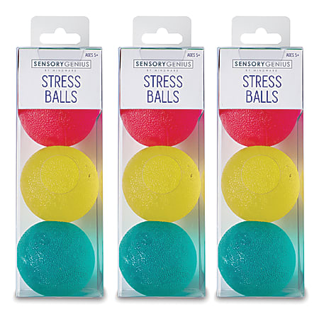 MindWare Sensory Genius Stress Balls, Green/Yellow/Pink, 3 Stress Balls Per Pack, Case Of 3 Packs