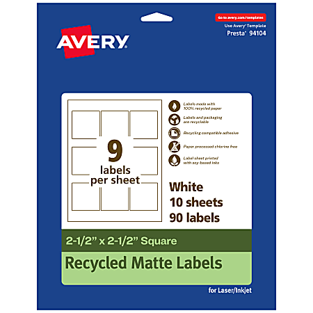 Avery® Recycled Paper Labels, 94104-EWMP10, Square, 2-1/2" x 2-1/2", White, Pack Of 90